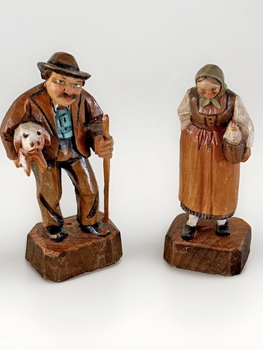 Vintage Hand Carved Wood Couple Figure Man-PIG Woman-CHICKEN GERMANY